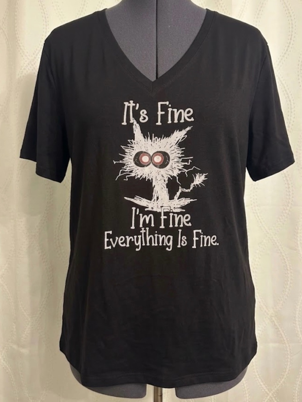X-Large Nee | 4XL Black Anxious Cat "It's Fine" V-Neck performance Tee